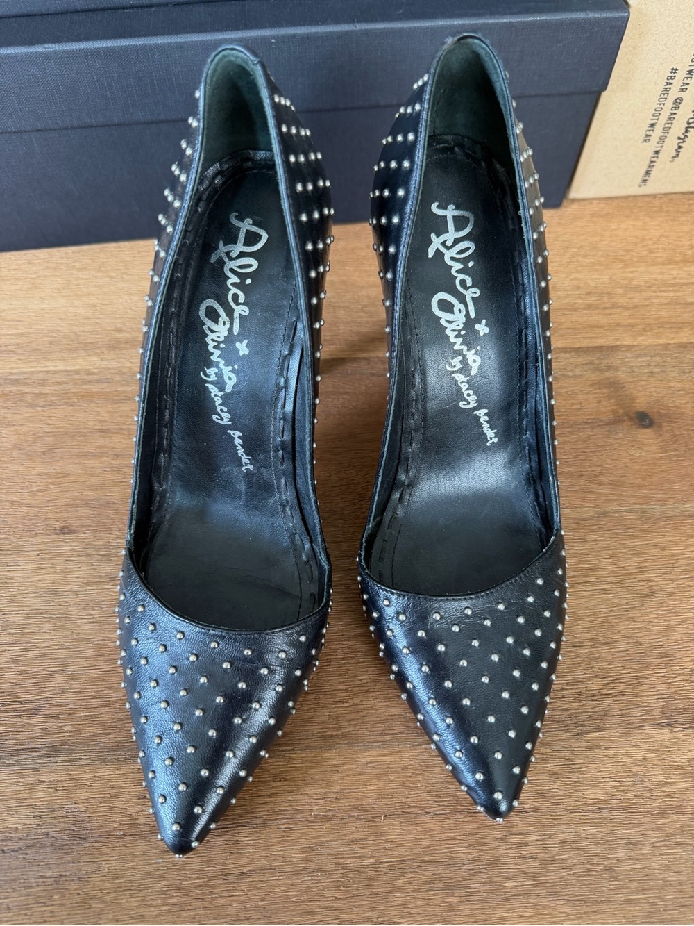 Alice + Olivia Black Leather Pointed-Toe Studded Pumps